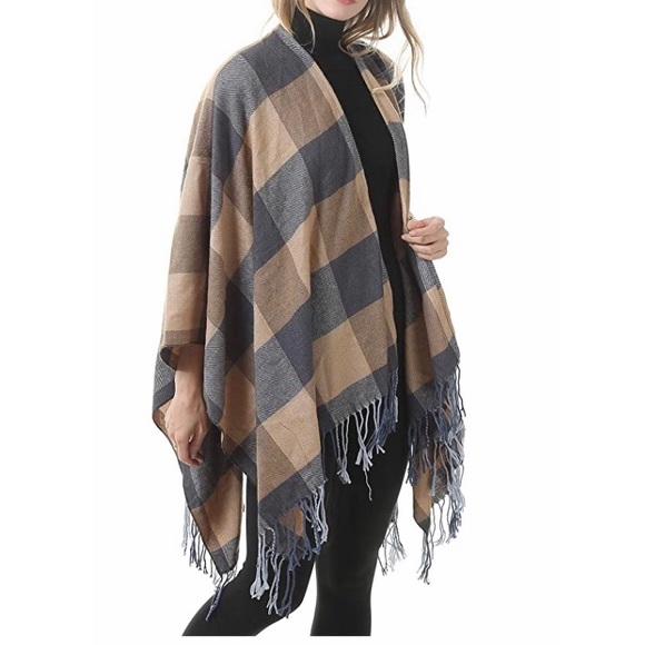 Plaid Open Front Blanket Shawl Scarf Wrap Poncho - Picture 4 of 5